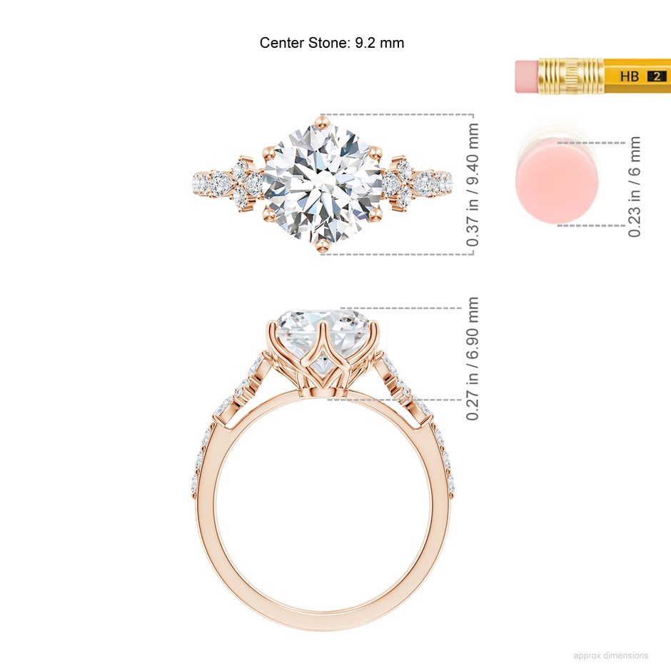 9.2mm FGVS Lab-Grown Round Diamond Side Stone Engagement Ring with Accents in 18K Rose Gold ruler