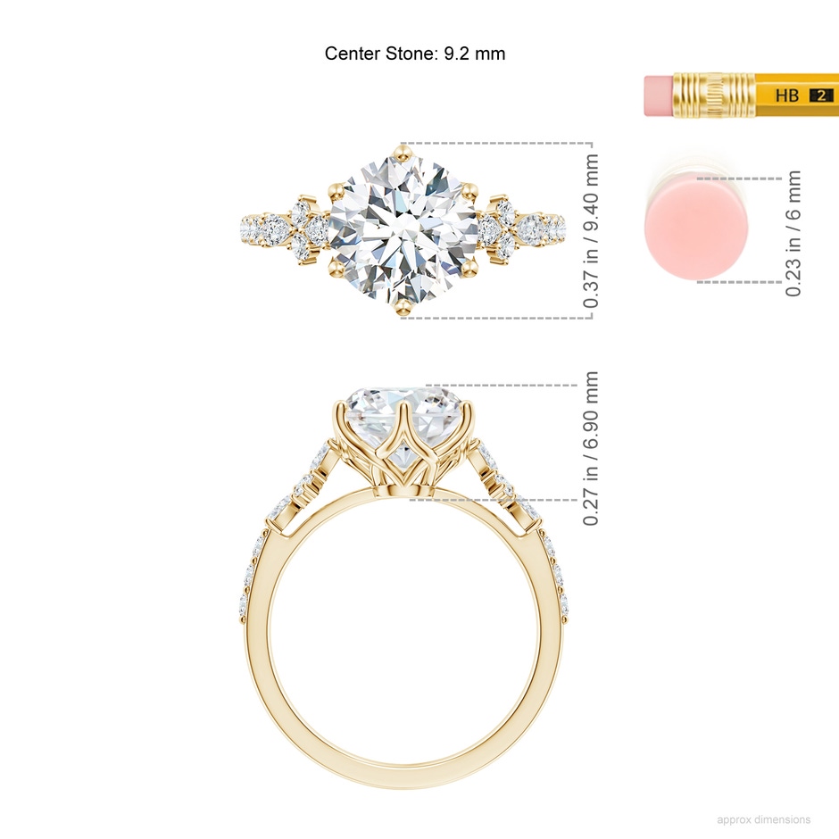 9.2mm FGVS Lab-Grown Round Diamond Side Stone Engagement Ring with Accents in 18K Yellow Gold ruler