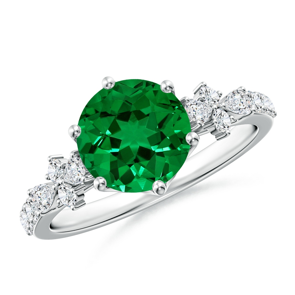 8mm Labgrown Lab-Grown Round Emerald Side Stone Engagement Ring with Accents in White Gold