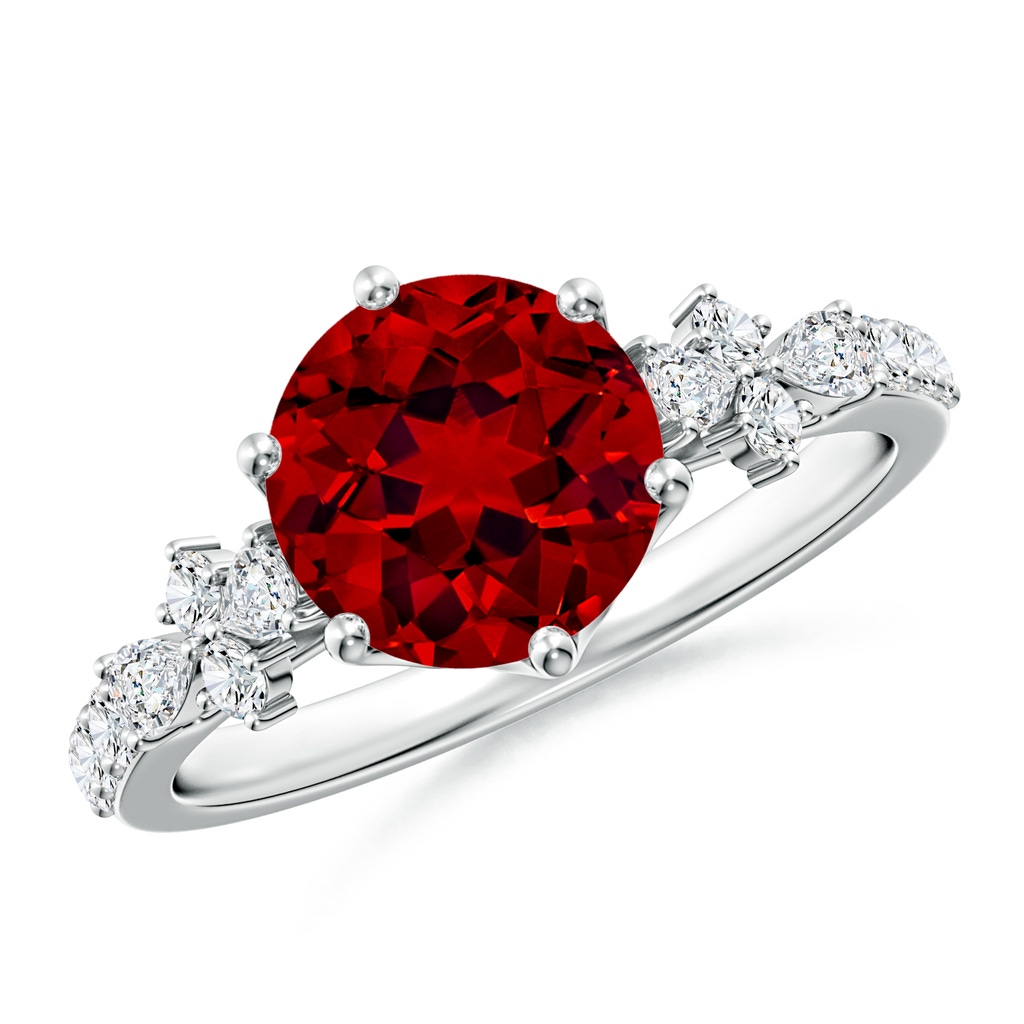 8mm Labgrown Lab-Grown Round Ruby Side Stone Engagement Ring with Accents in White Gold