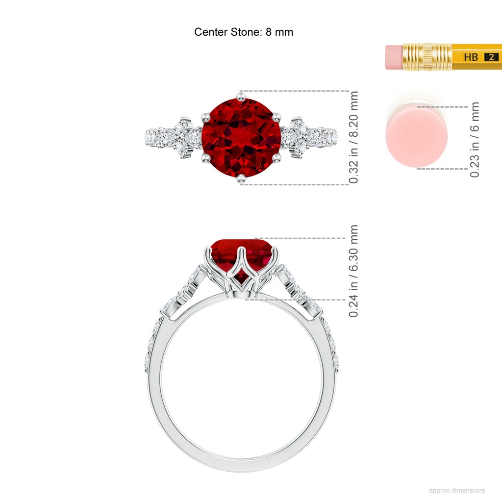 8mm Labgrown Lab-Grown Round Ruby Side Stone Engagement Ring with Accents in White Gold ruler