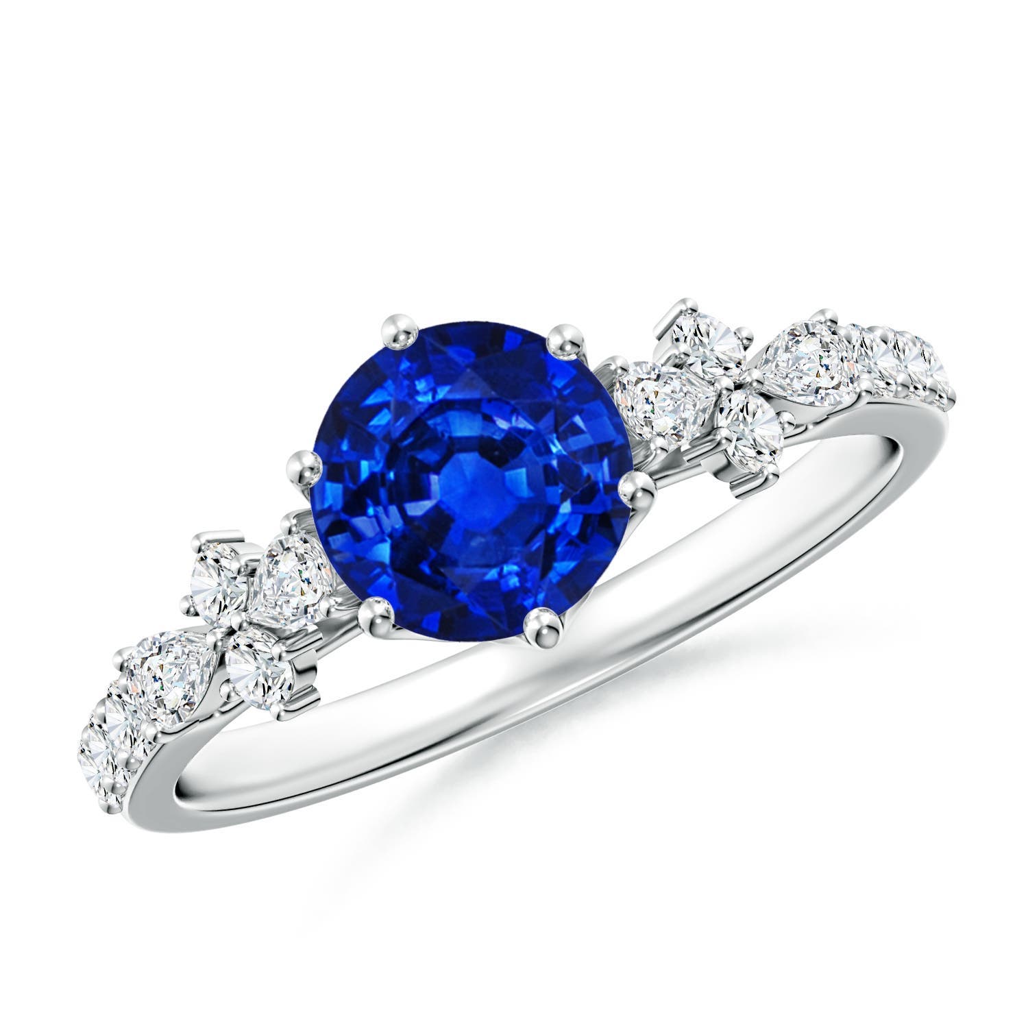 6.5mm Labgrown Lab-Grown Round Blue Sapphire Side Stone Engagement Ring with Accents in 18K White Gold