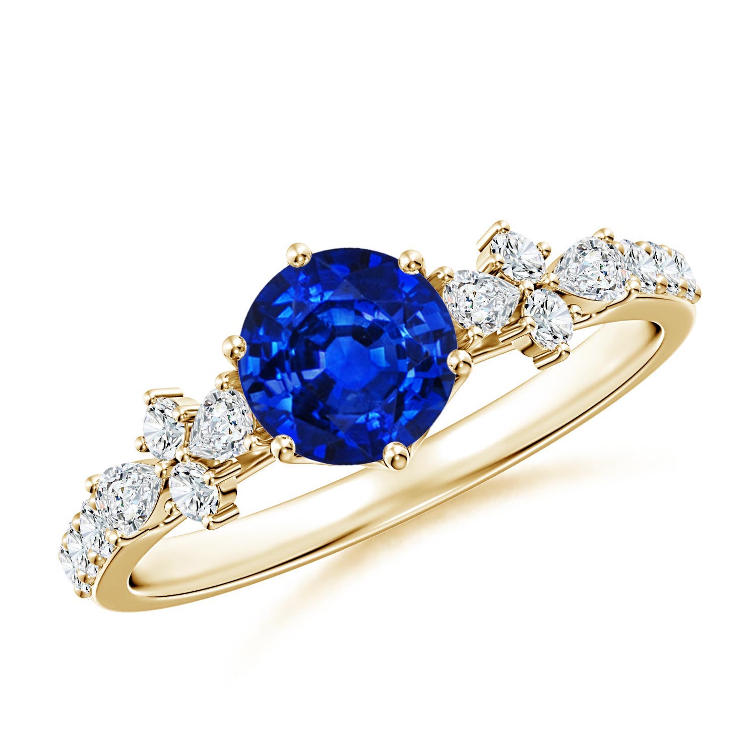 6mm Labgrown Lab-Grown Round Blue Sapphire Side Stone Engagement Ring with Accents in 18K Yellow Gold