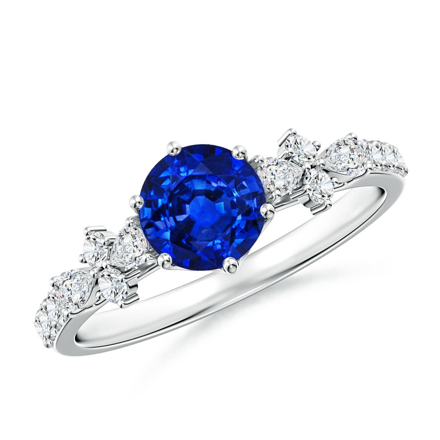 6mm Labgrown Lab-Grown Round Blue Sapphire Side Stone Engagement Ring with Accents in White Gold