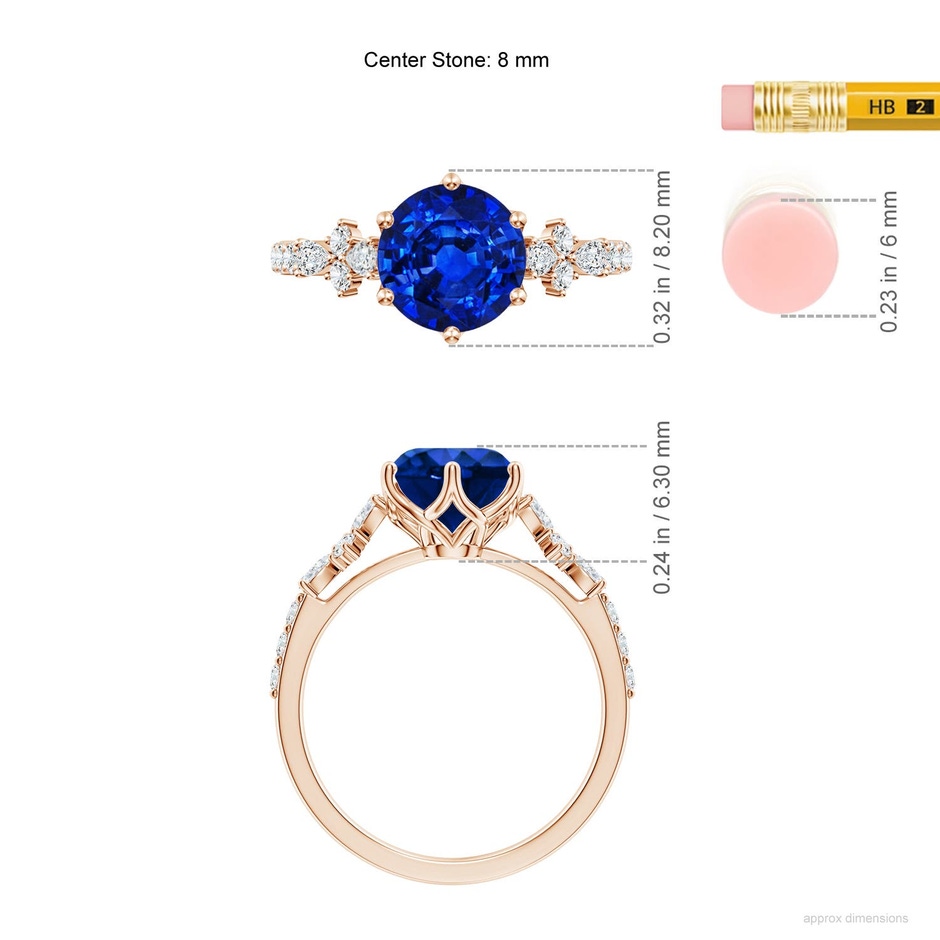 8mm Labgrown Lab-Grown Round Blue Sapphire Side Stone Engagement Ring with Accents in 18K Rose Gold ruler