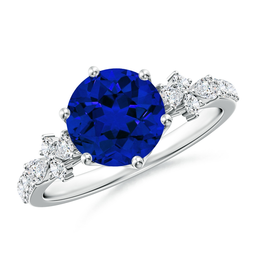 8mm Labgrown Lab-Grown Round Blue Sapphire Side Stone Engagement Ring with Accents in White Gold