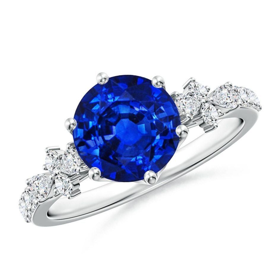 8mm Labgrown Lab-Grown Round Blue Sapphire Side Stone Engagement Ring with Accents in White Gold 