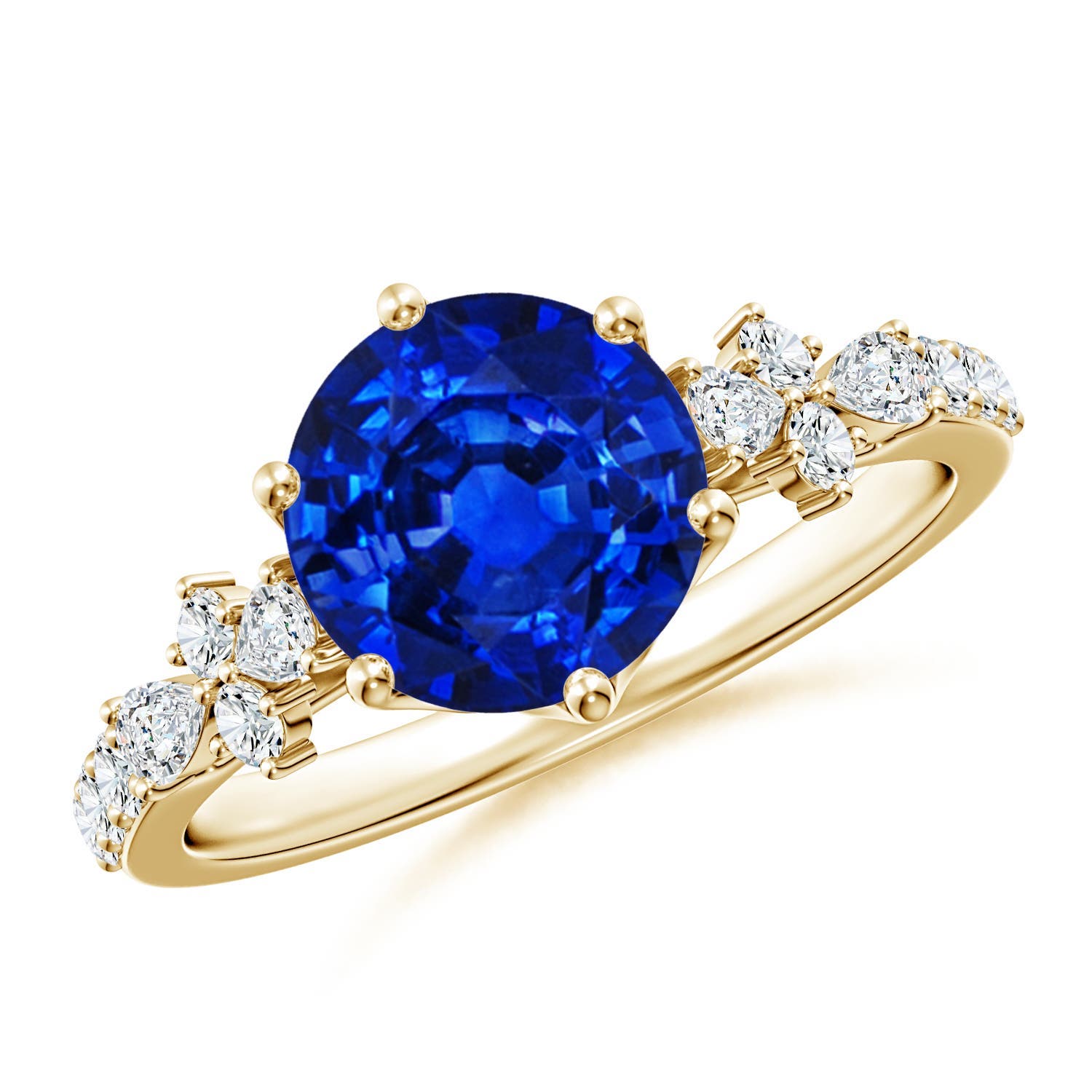 8mm Labgrown Lab-Grown Round Blue Sapphire Side Stone Engagement Ring with Accents in Yellow Gold