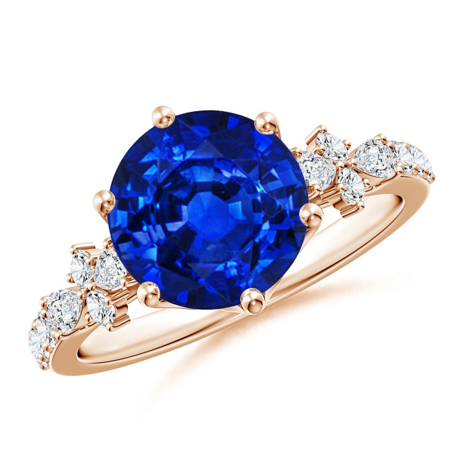 9mm Labgrown Lab-Grown Round Blue Sapphire Side Stone Engagement Ring with Accents in 18K Rose Gold 