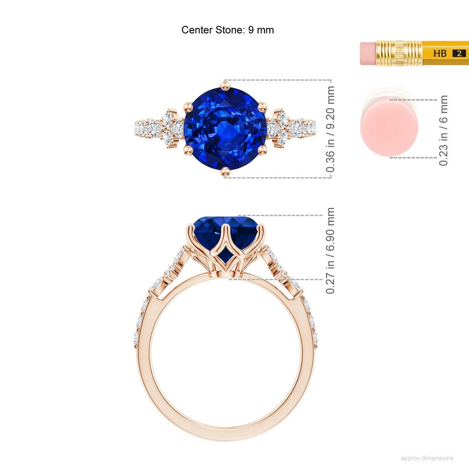 9mm Labgrown Lab-Grown Round Blue Sapphire Side Stone Engagement Ring with Accents in 18K Rose Gold ruler