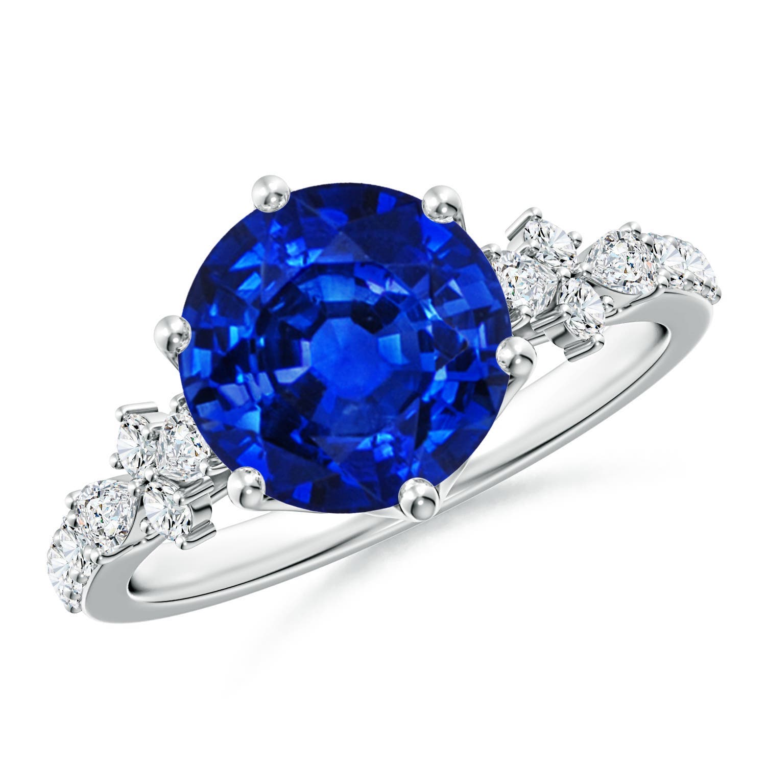 9mm Labgrown Lab-Grown Round Blue Sapphire Side Stone Engagement Ring with Accents in 18K White Gold