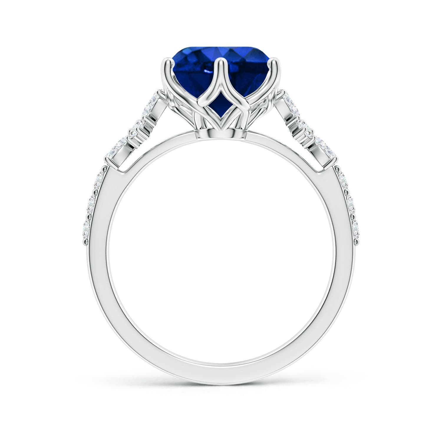 9mm Labgrown Lab-Grown Round Blue Sapphire Side Stone Engagement Ring with Accents in 18K White Gold
