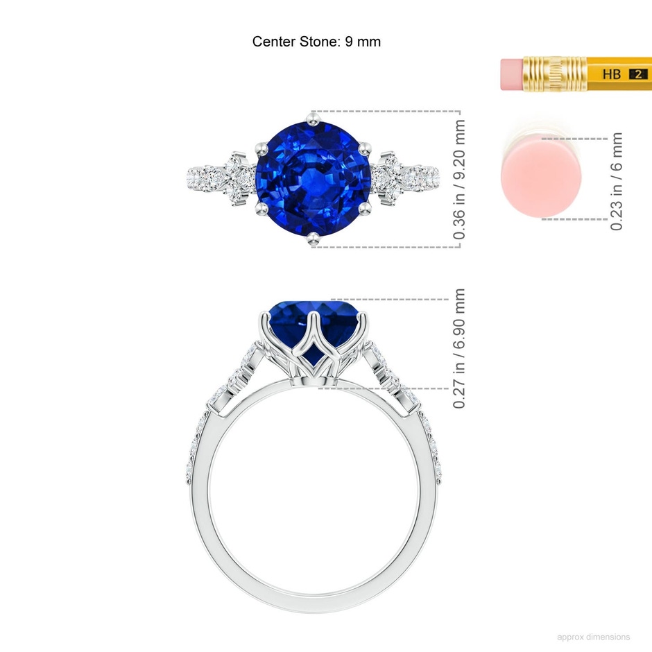 9mm Labgrown Lab-Grown Round Blue Sapphire Side Stone Engagement Ring with Accents in 18K White Gold ruler