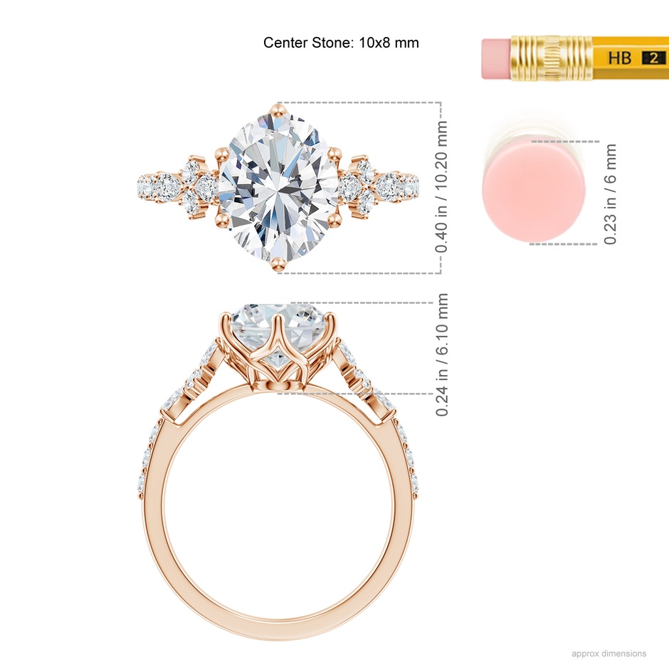 10x8mm FGVS Lab-Grown Oval Diamond Side Stone Engagement Ring with Accents in 18K Rose Gold ruler