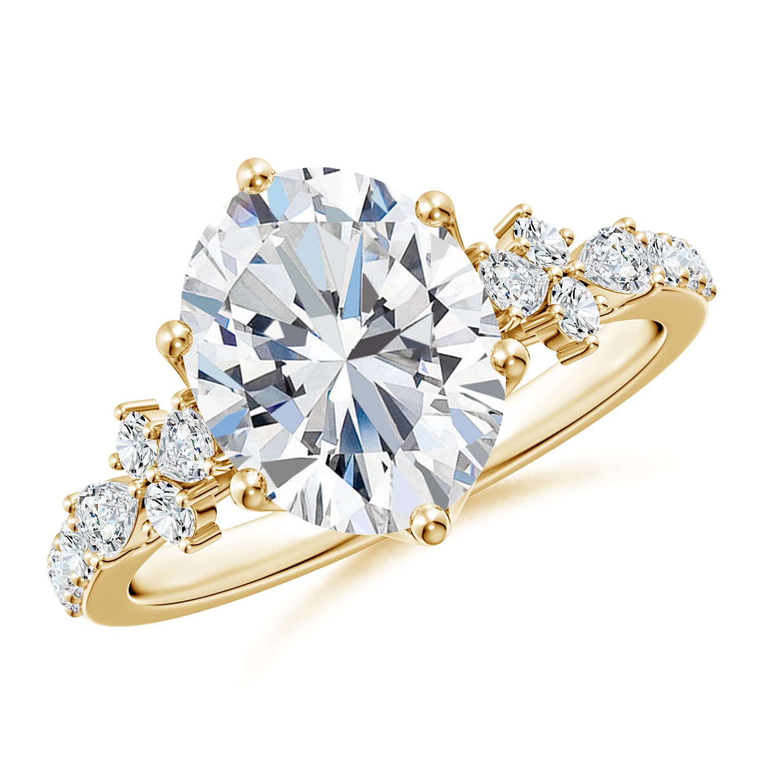 10x8mm FGVS Lab-Grown Oval Diamond Side Stone Engagement Ring with Accents in 18K Yellow Gold