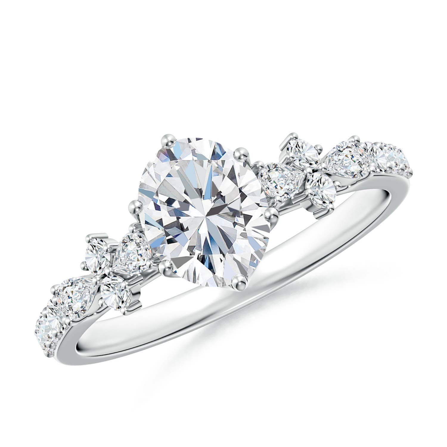 7x5mm FGVS Lab-Grown Oval Diamond Side Stone Engagement Ring with Accents in 18K White Gold