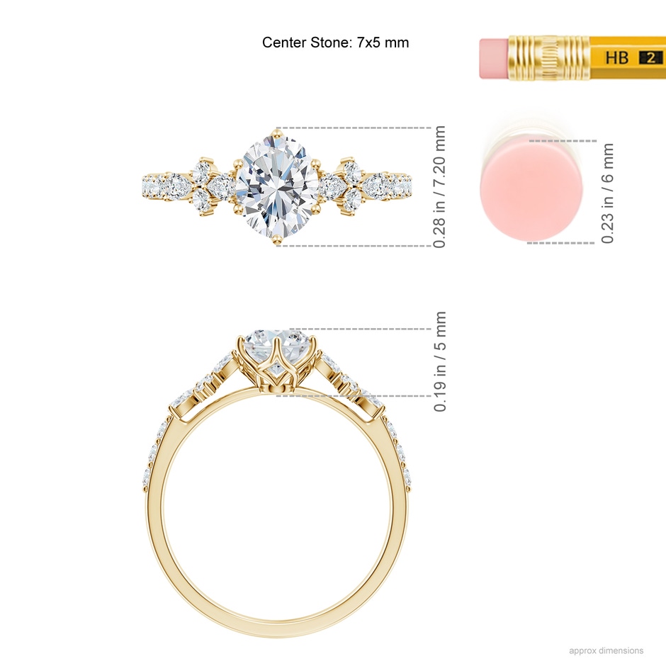 7x5mm FGVS Lab-Grown Oval Diamond Side Stone Engagement Ring with Accents in Yellow Gold ruler