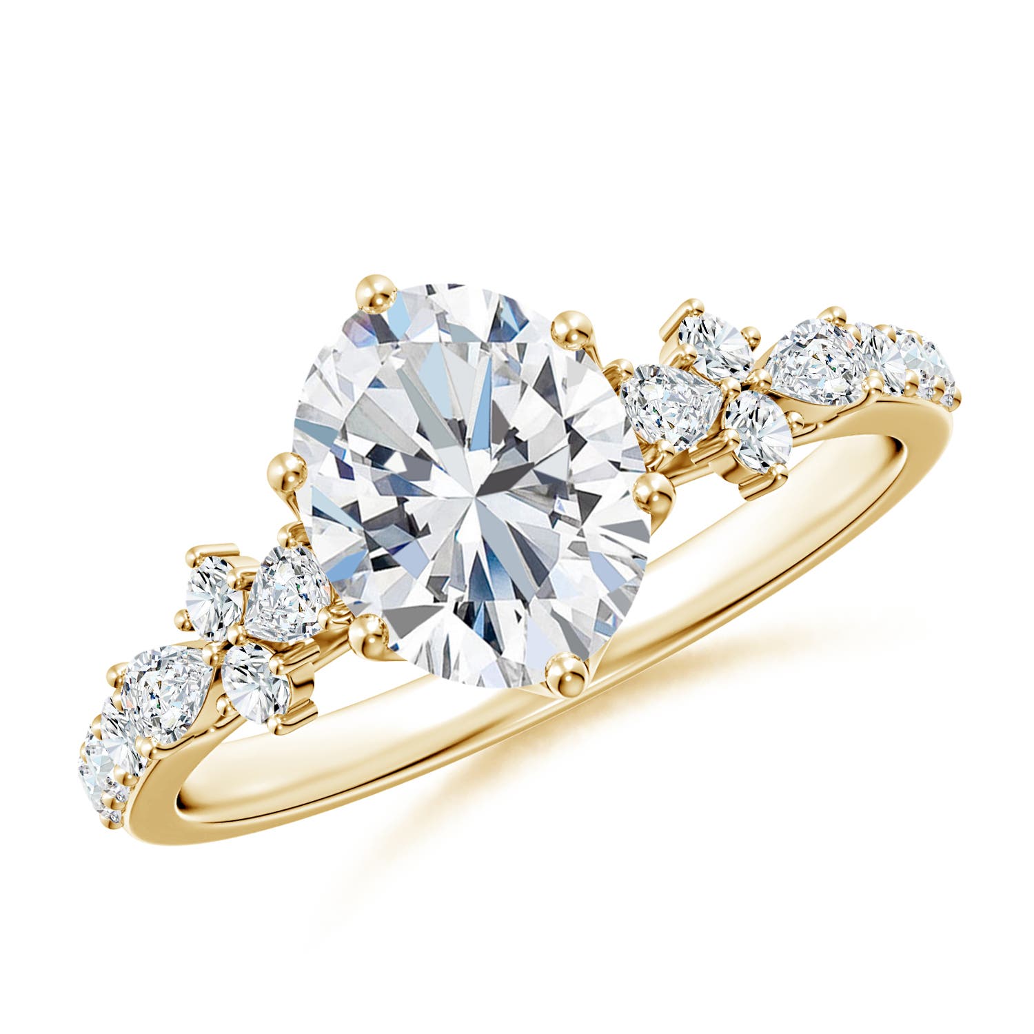 8x6mm FGVS Lab-Grown Oval Diamond Side Stone Engagement Ring with Accents in 18K Yellow Gold