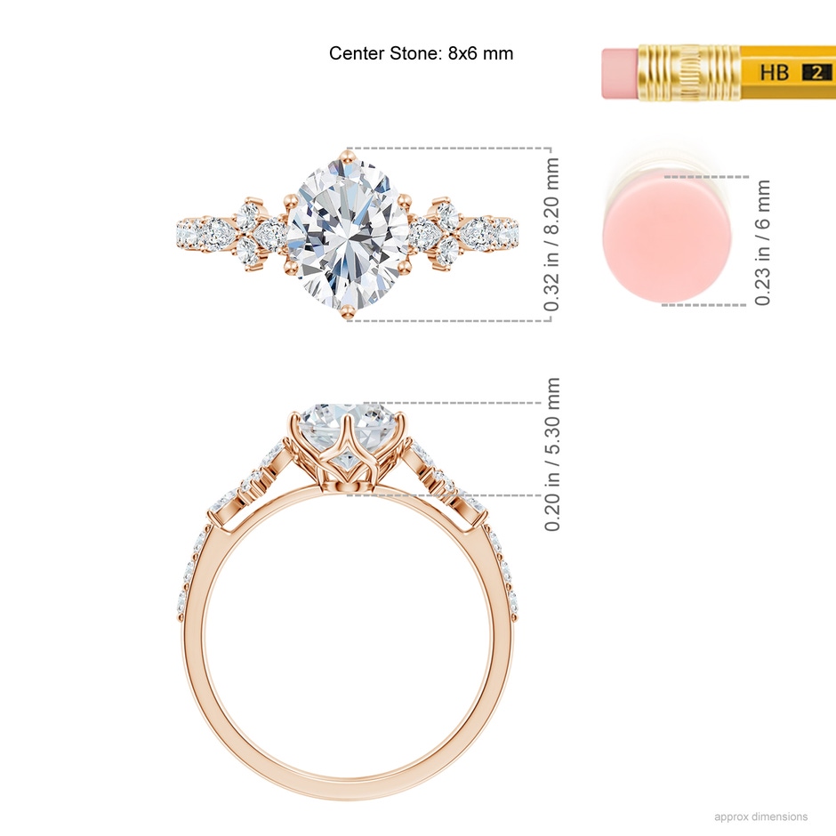 8x6mm FGVS Lab-Grown Oval Diamond Side Stone Engagement Ring with Accents in Rose Gold ruler