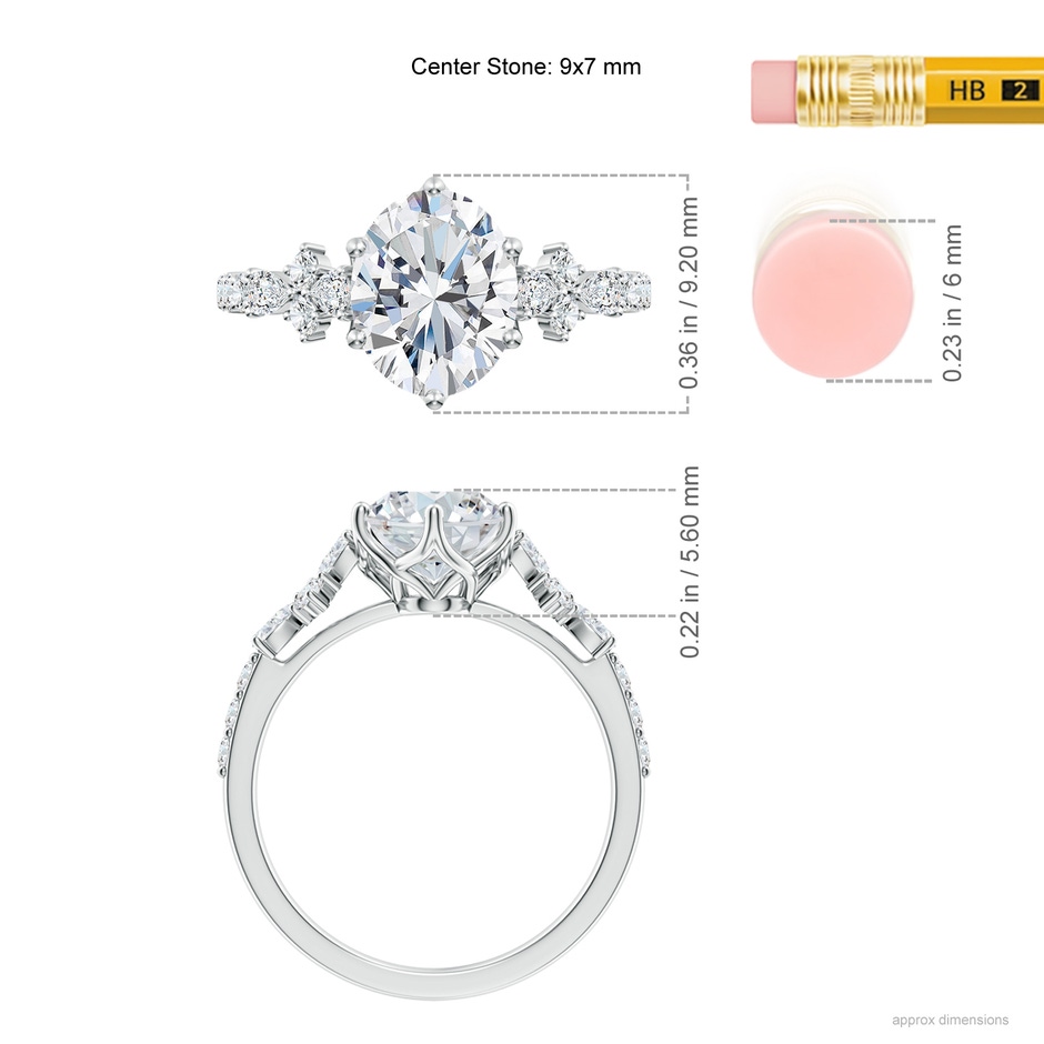 9x7mm FGVS Lab-Grown Oval Diamond Side Stone Engagement Ring with Accents in P950 Platinum ruler