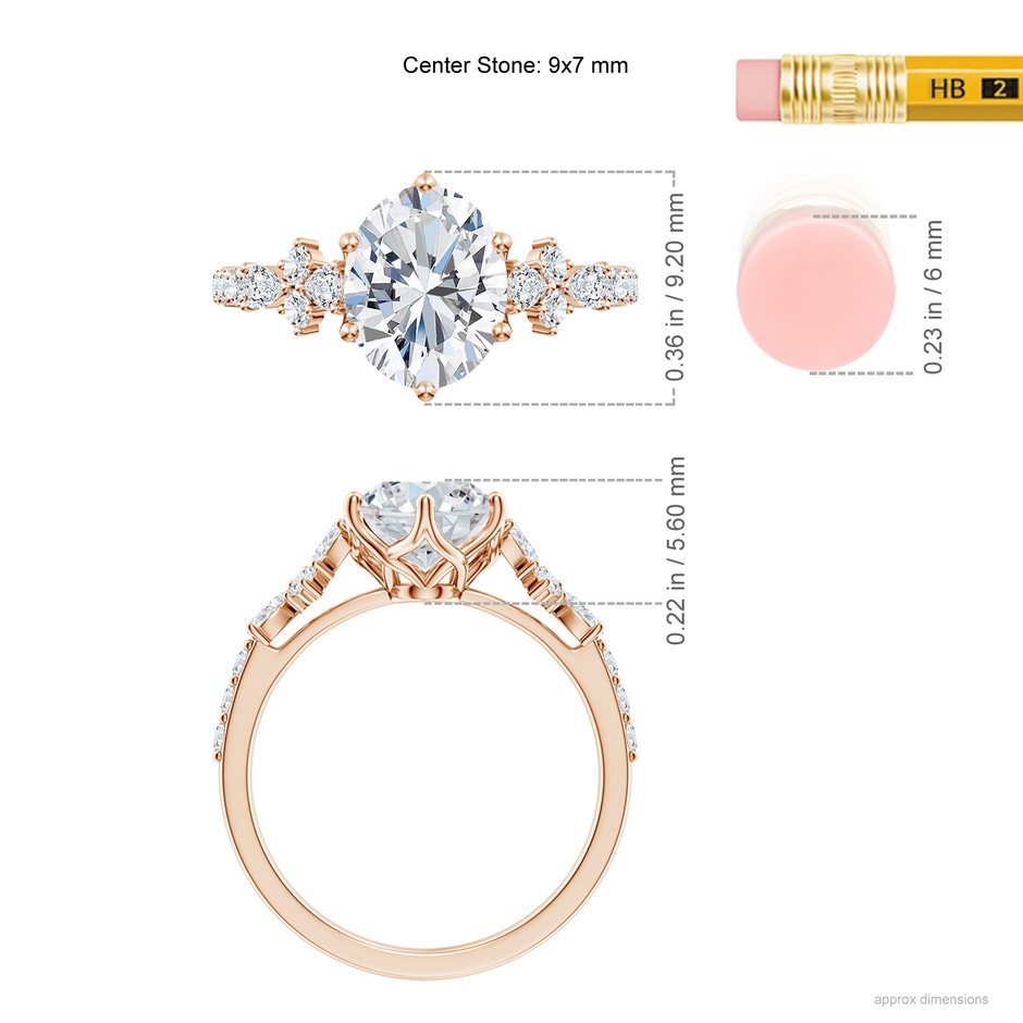 9x7mm FGVS Lab-Grown Oval Diamond Side Stone Engagement Ring with Accents in Rose Gold ruler