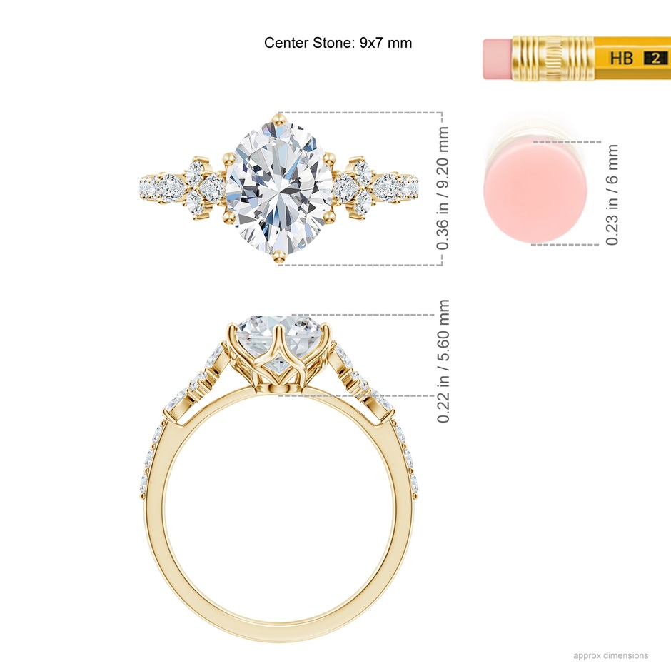 9x7mm FGVS Lab-Grown Oval Diamond Side Stone Engagement Ring with Accents in Yellow Gold ruler