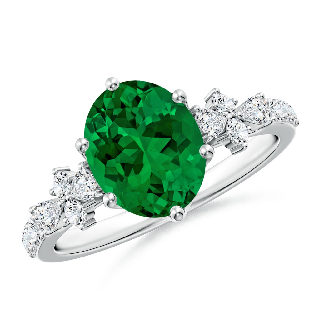 9x7mm Labgrown Lab-Grown Oval Emerald Side Stone Engagement Ring with Accents in White Gold
