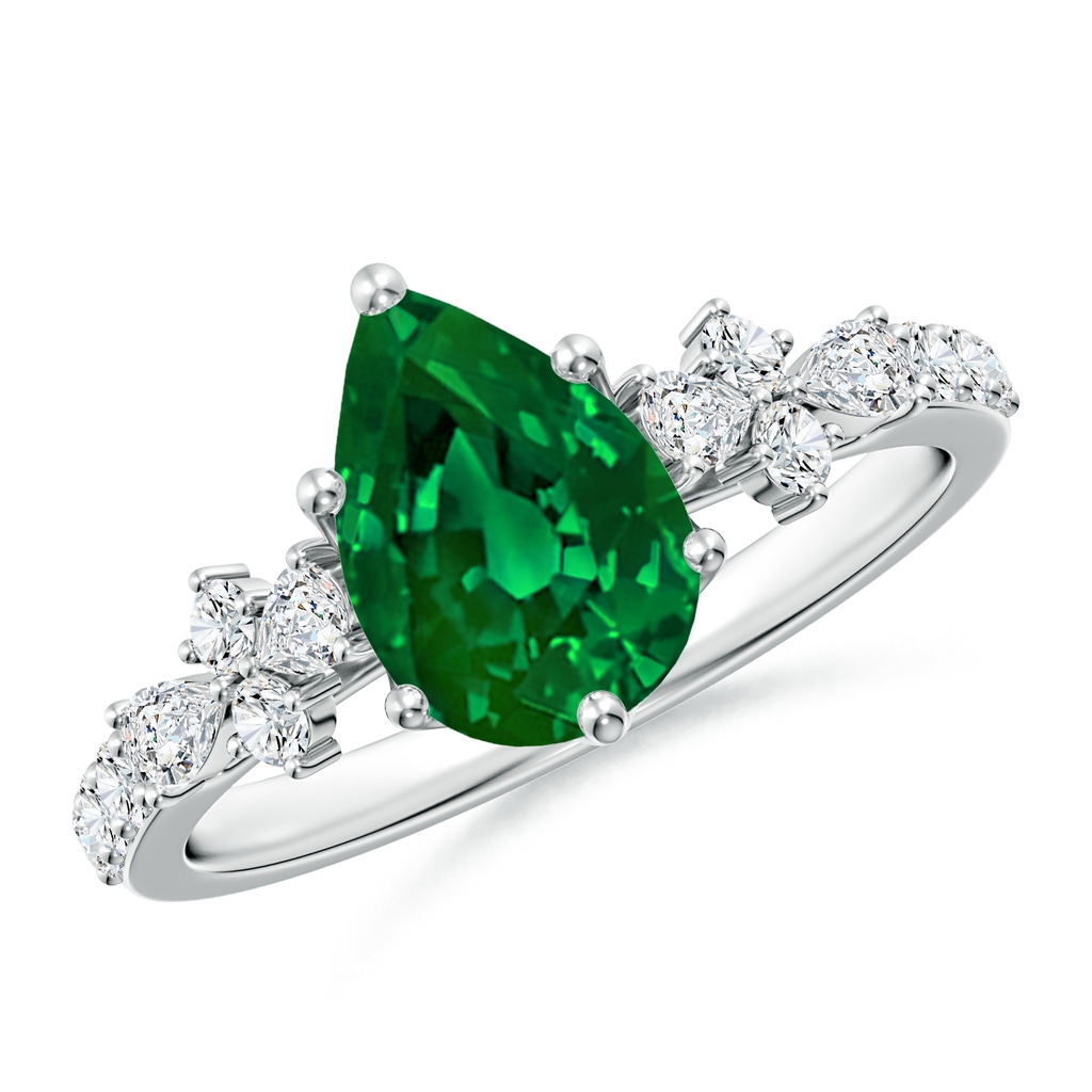 9x7mm Labgrown Lab-Grown Pear-Shaped Emerald Side Stone Engagement Ring with Accents in White Gold