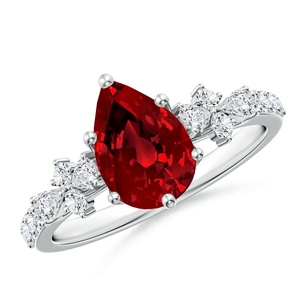 9x7mm Labgrown Lab-Grown Pear-Shaped Ruby Side Stone Engagement Ring with Accents in White Gold