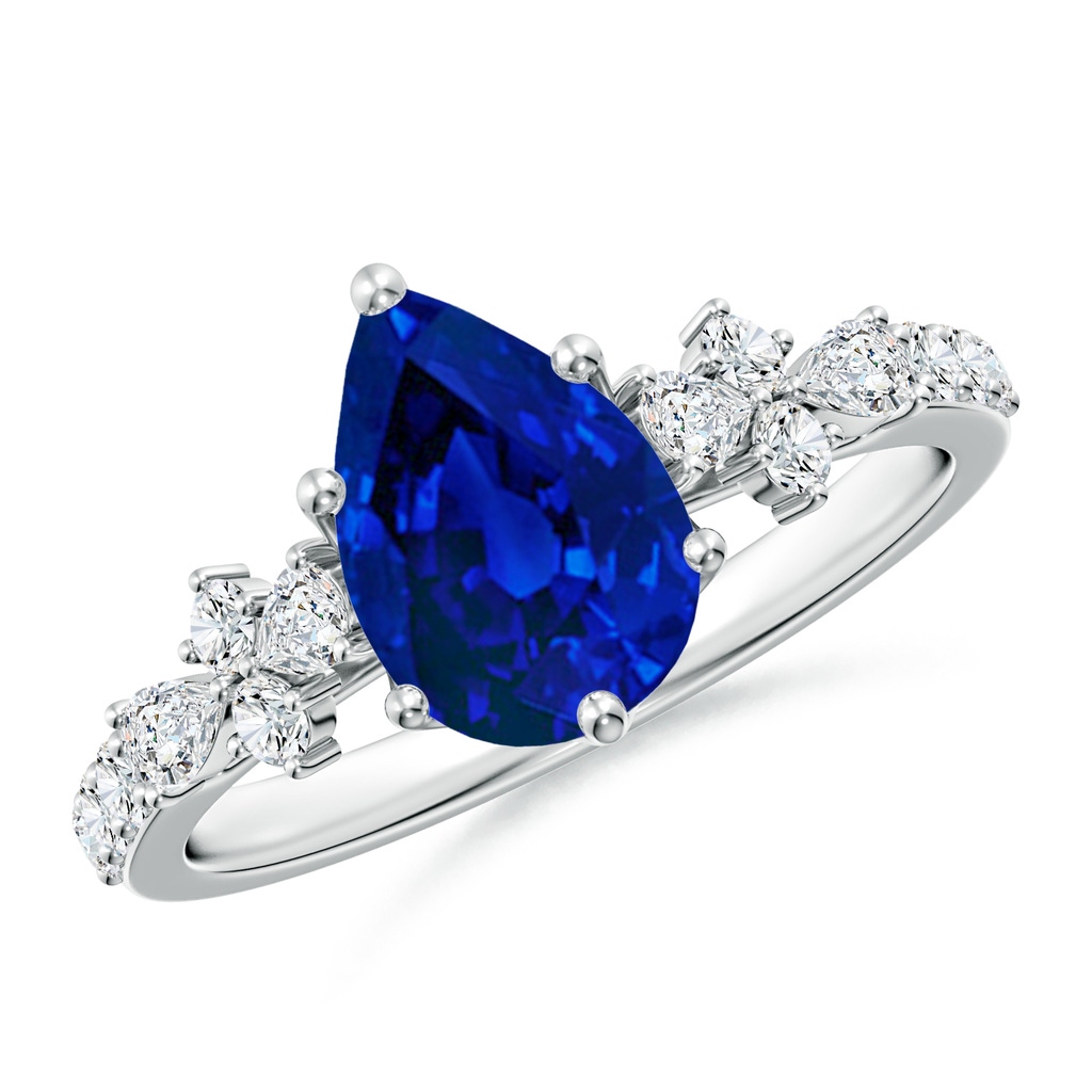 9x7mm Labgrown Lab-Grown Pear-Shaped Blue Sapphire Side Stone Engagement Ring with Accents in White Gold