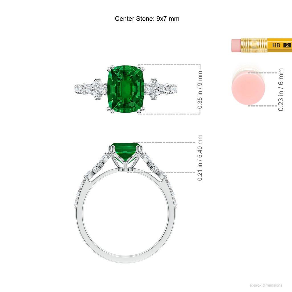 9x7mm Labgrown Lab-Grown Emerald-Cut Emerald Side Stone Engagement Ring with Accents in White Gold ruler