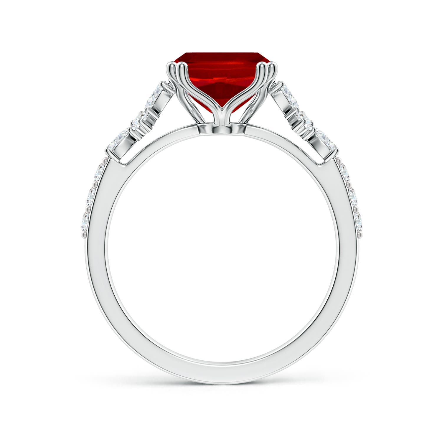 10x8mm Labgrown Lab-Grown Cushion Rectangular Ruby Side Stone Engagement Ring with Accents in 18K White Gold