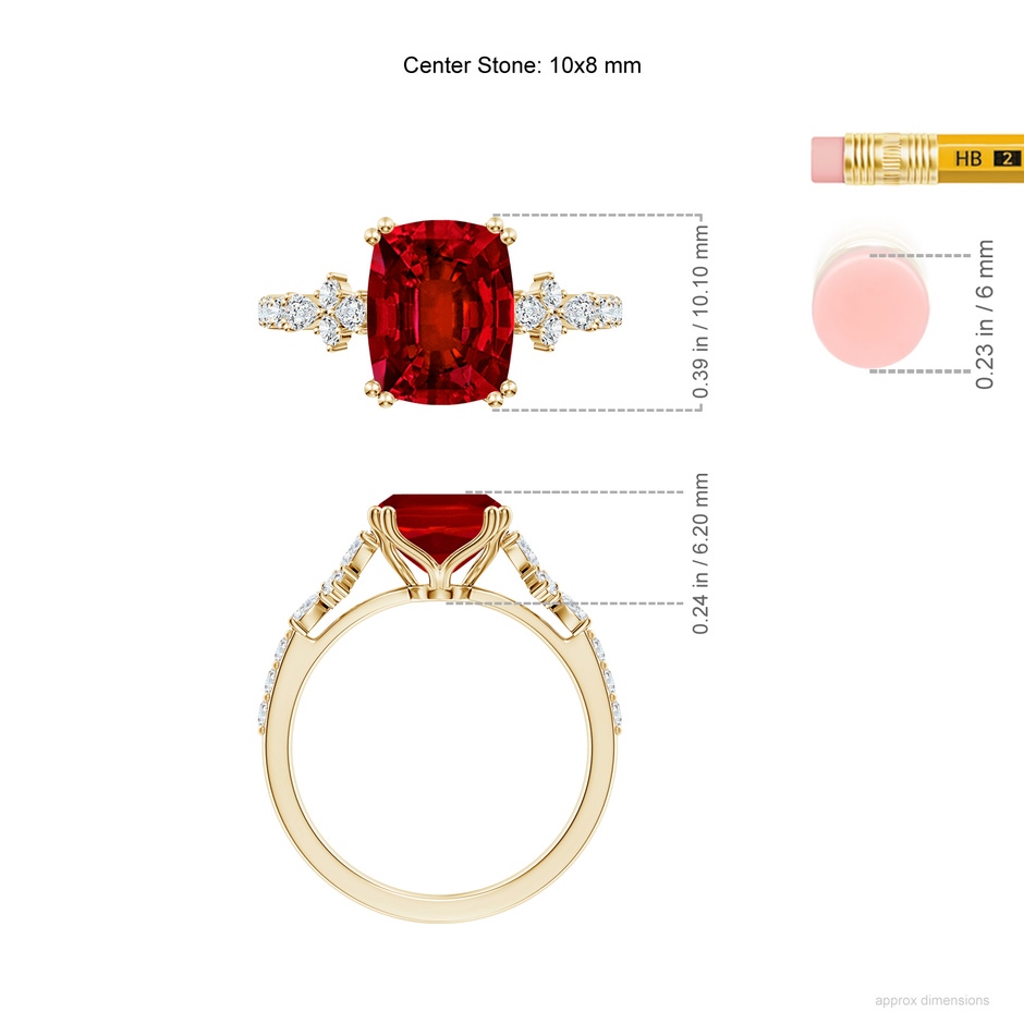 10x8mm Labgrown Lab-Grown Cushion Rectangular Ruby Side Stone Engagement Ring with Accents in 18K Yellow Gold ruler