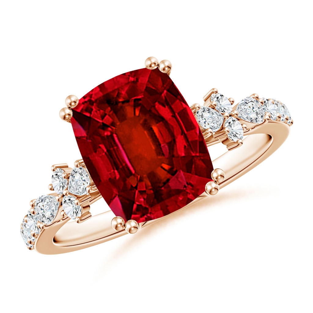 10x8mm Labgrown Lab-Grown Cushion Rectangular Ruby Side Stone Engagement Ring with Accents in Rose Gold