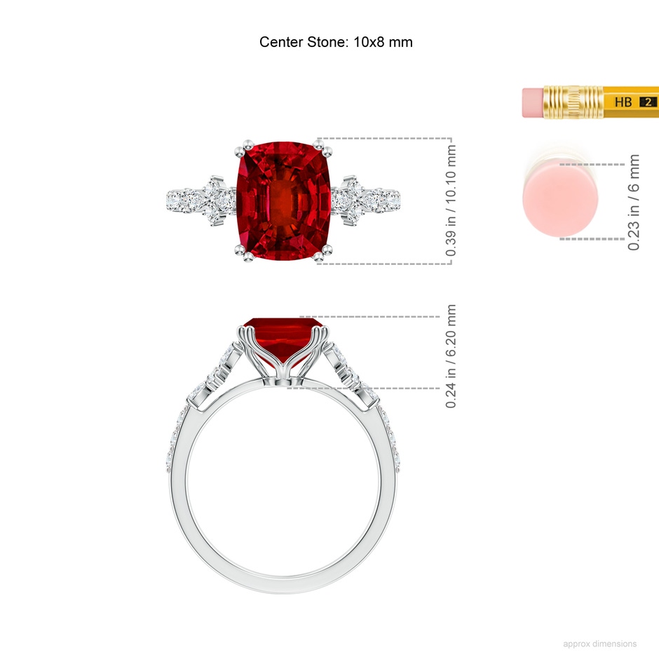 10x8mm Labgrown Lab-Grown Cushion Rectangular Ruby Side Stone Engagement Ring with Accents in White Gold ruler