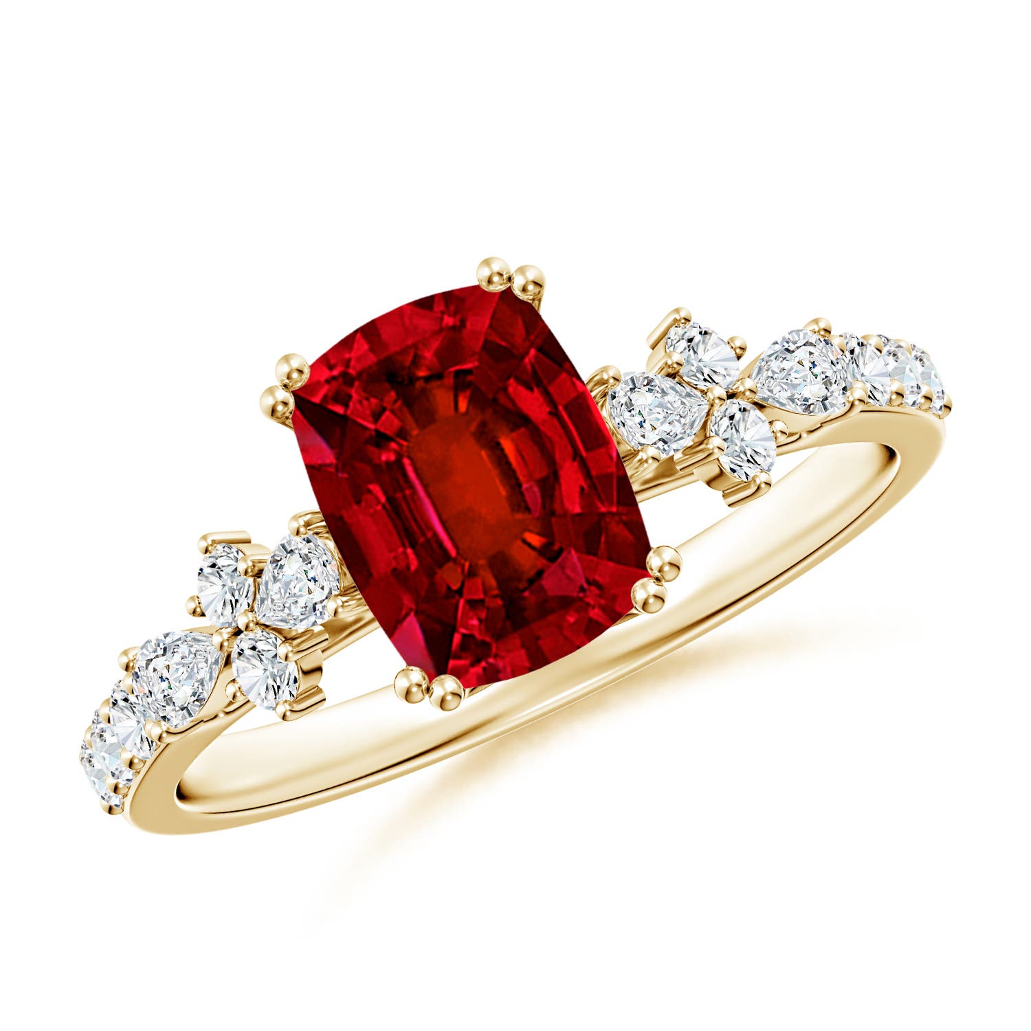 8x6mm Labgrown Lab-Grown Cushion Rectangular Ruby Side Stone Engagement Ring with Accents in 18K Yellow Gold