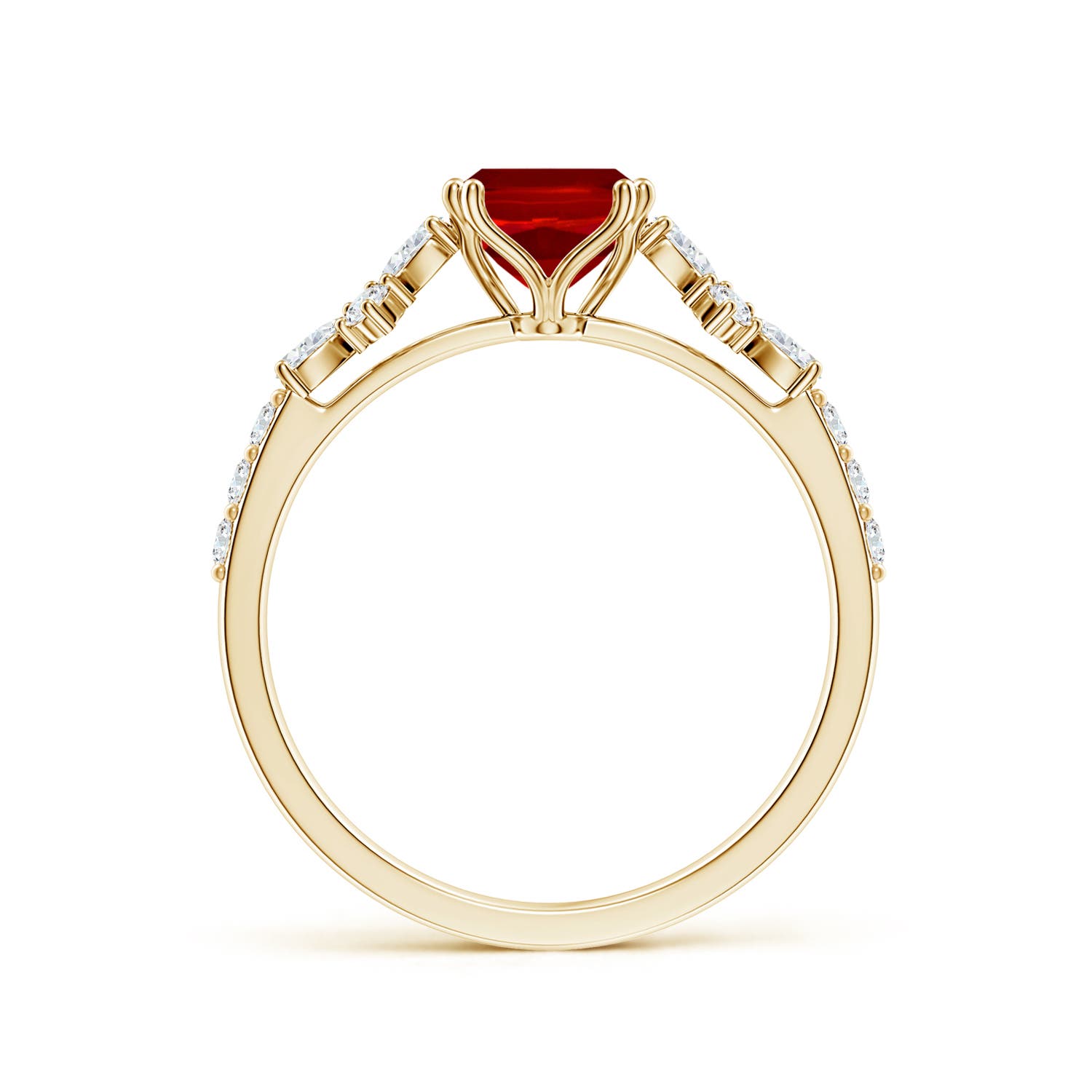 8x6mm Labgrown Lab-Grown Cushion Rectangular Ruby Side Stone Engagement Ring with Accents in 18K Yellow Gold