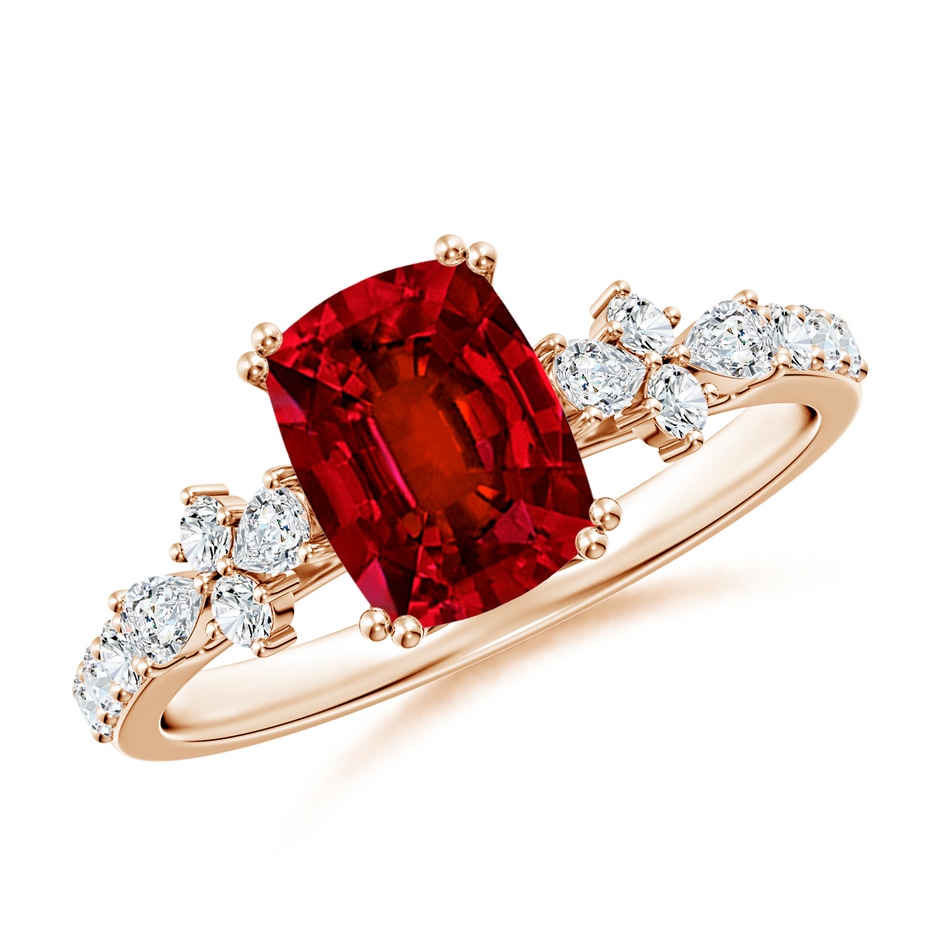 8x6mm Labgrown Lab-Grown Cushion Rectangular Ruby Side Stone Engagement Ring with Accents in Rose Gold 