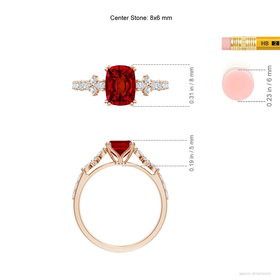 8x6mm Labgrown Lab-Grown Cushion Rectangular Ruby Side Stone Engagement Ring with Accents in Rose Gold ruler