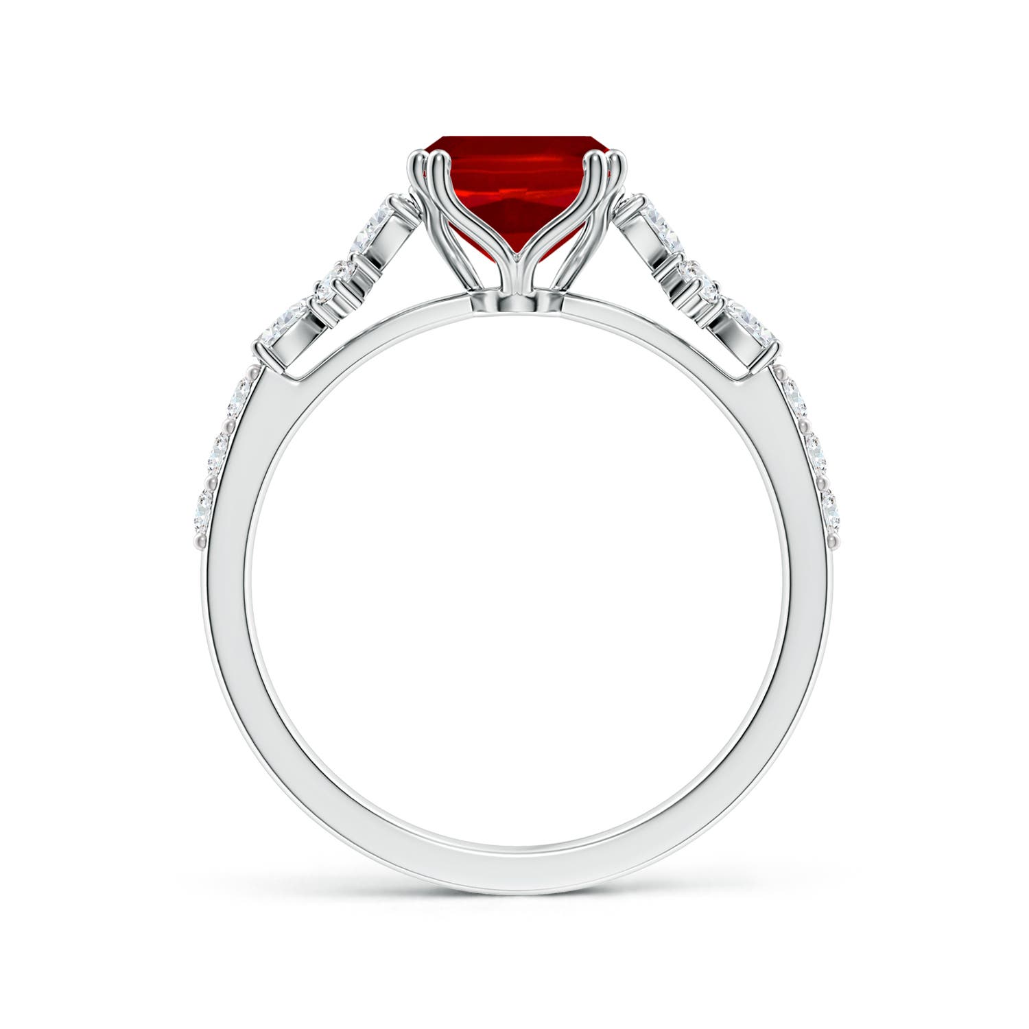 9x7mm Labgrown Lab-Grown Cushion Rectangular Ruby Side Stone Engagement Ring with Accents in White Gold - side 3