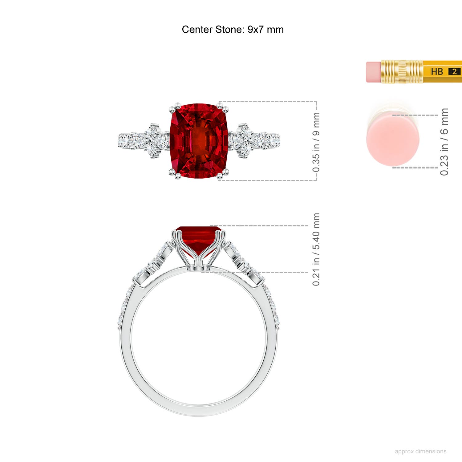 9x7mm Labgrown Lab-Grown Cushion Rectangular Ruby Side Stone Engagement Ring with Accents in White Gold - ruler
