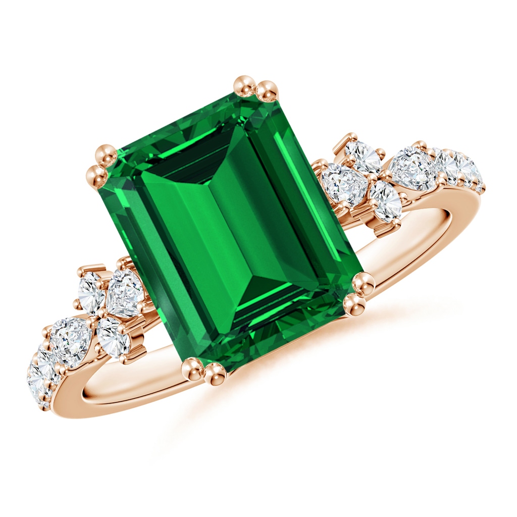 10x8mm Labgrown Lab-Grown Cushion Rectangular Emerald Side Stone Engagement Ring with Accents in Rose Gold