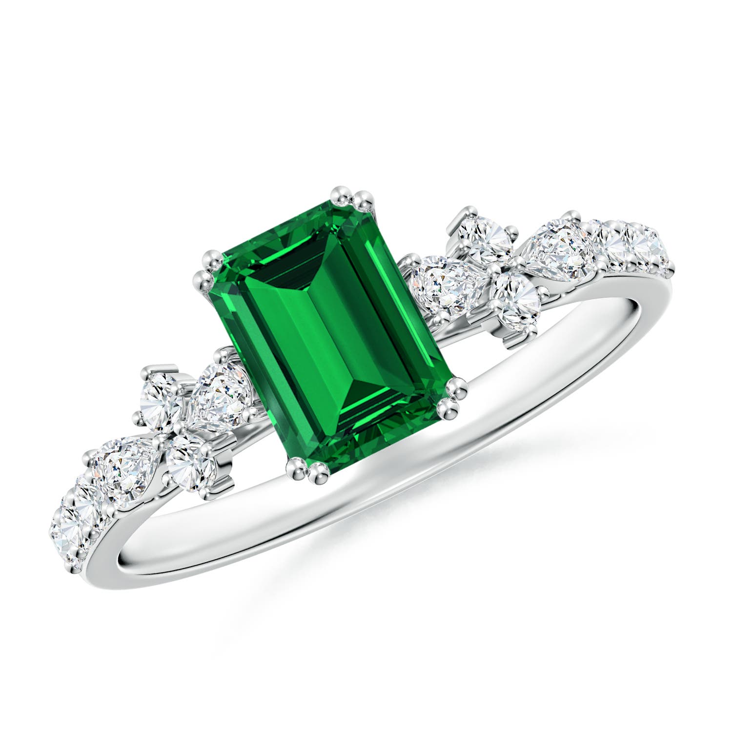 7x5mm Labgrown Lab-Grown Emerald-Cut Emerald Side Stone Engagement Ring with Accents in White Gold