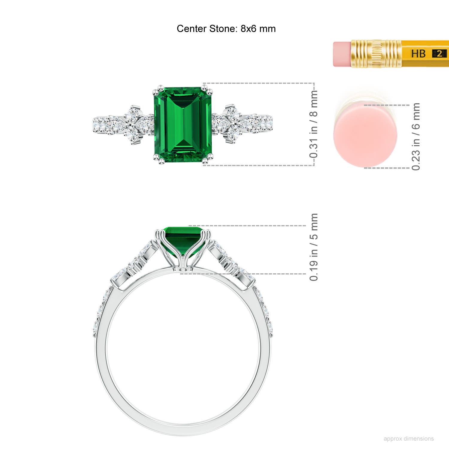 8x6mm Labgrown Lab-Grown Emerald-Cut Emerald Side Stone Engagement Ring with Accents in White Gold - ruler