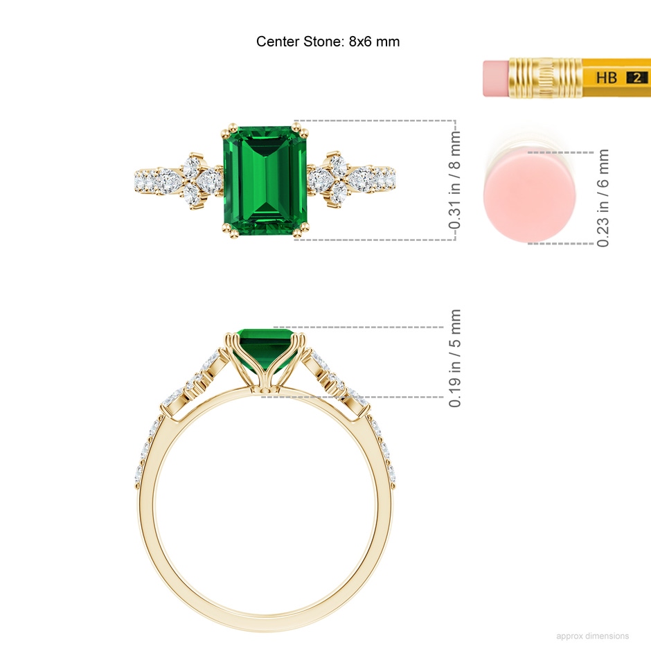 8x6mm Labgrown Lab-Grown Cushion Rectangular Emerald Side Stone Engagement Ring with Accents in Yellow Gold ruler