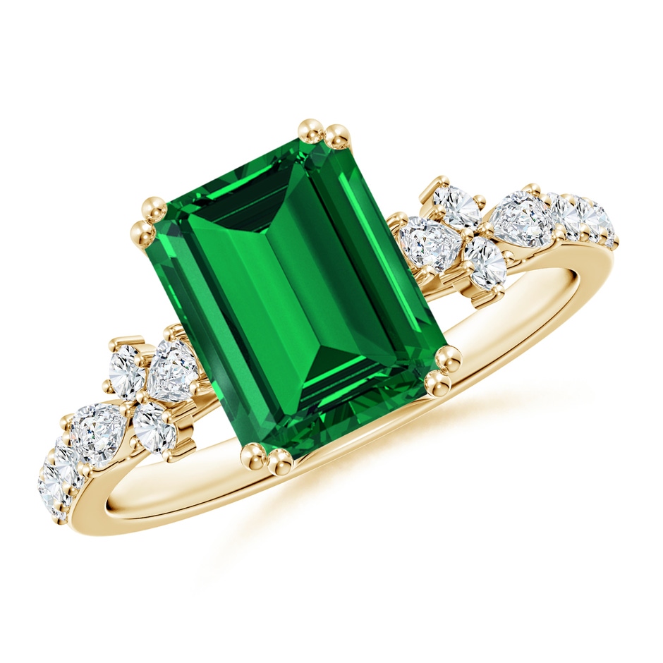 9x7mm Labgrown Lab-Grown Emerald-Cut Emerald Side Stone Engagement Ring with Accents in 18K Yellow Gold 