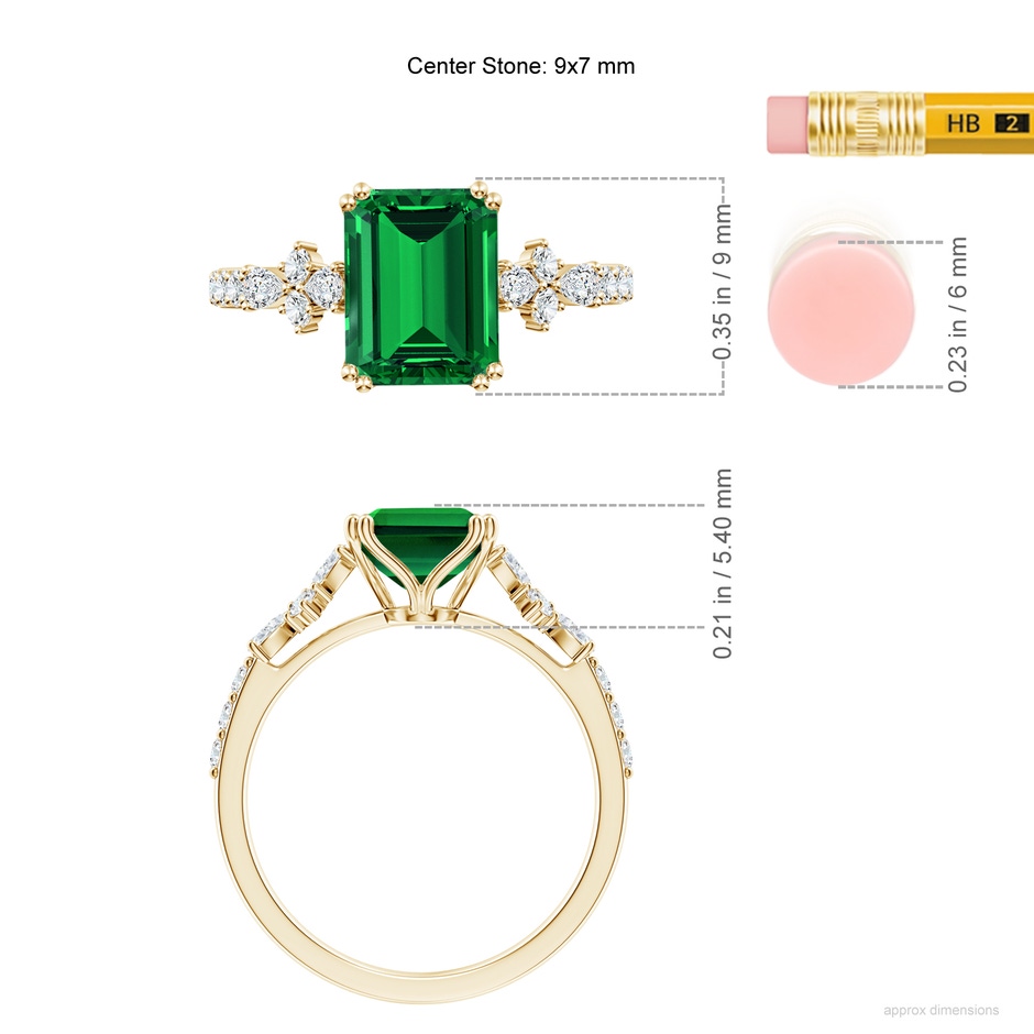9x7mm Labgrown Lab-Grown Emerald-Cut Emerald Side Stone Engagement Ring with Accents in 18K Yellow Gold ruler