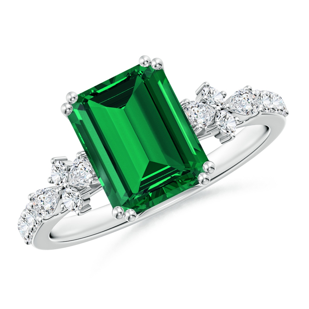 9x7mm Labgrown Lab-Grown Cushion Rectangular Emerald Side Stone Engagement Ring with Accents in White Gold
