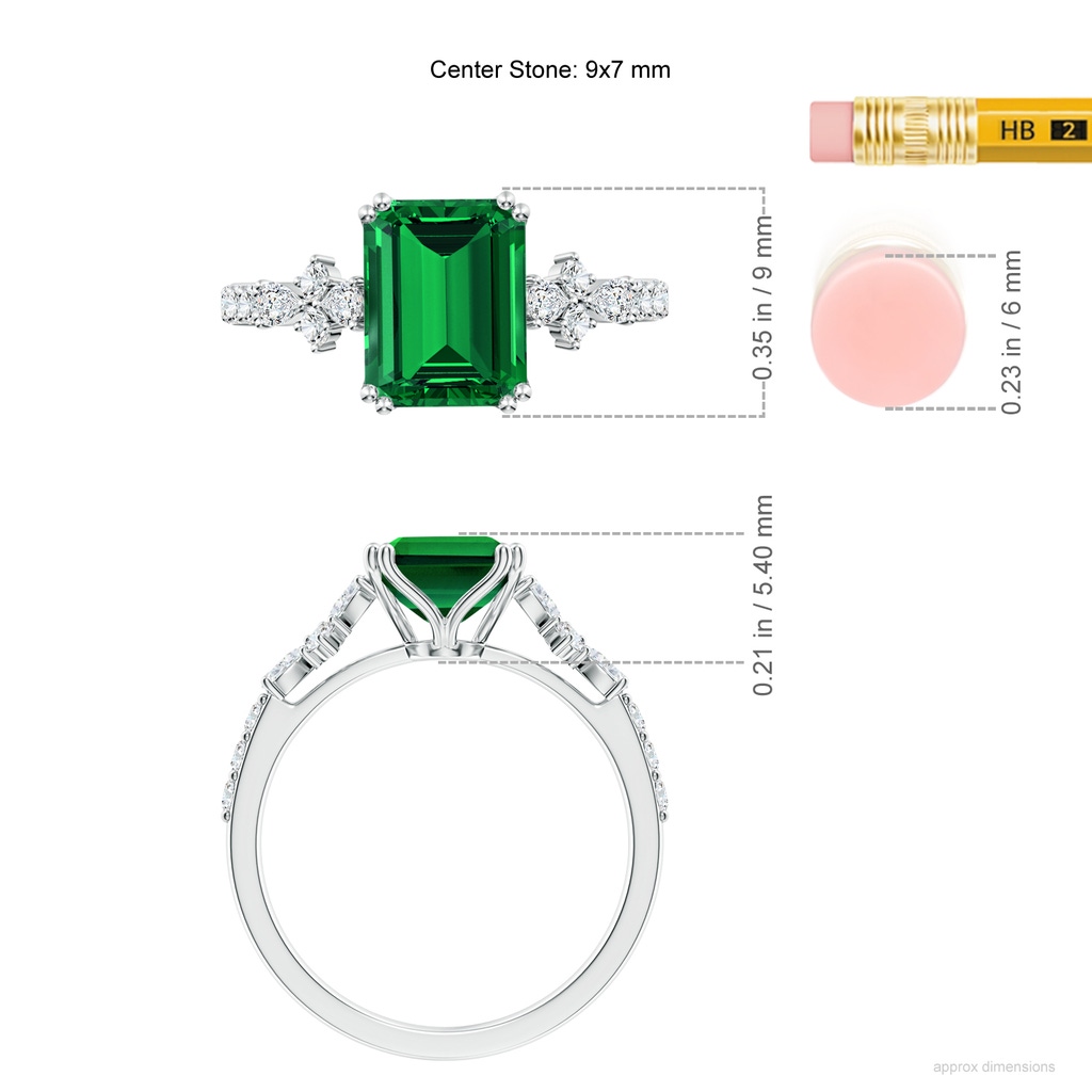 9x7mm Labgrown Lab-Grown Cushion Rectangular Emerald Side Stone Engagement Ring with Accents in White Gold ruler