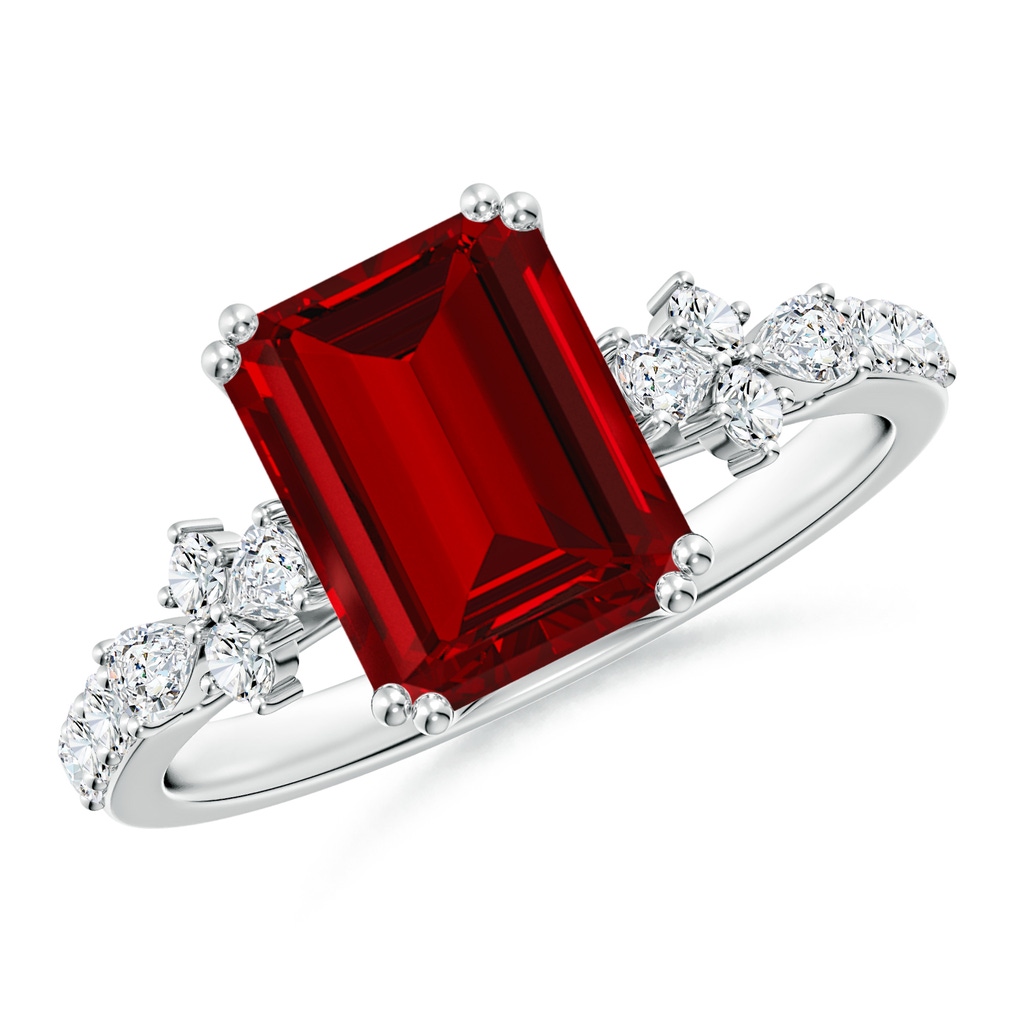 9x7mm Labgrown Lab-Grown Cushion Rectangular Ruby Side Stone Engagement Ring with Accents in White Gold